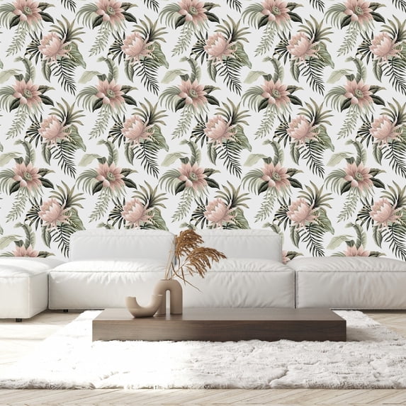 White Wallpaper with Gentle Flowers Pre-Pasted - 25"W x 225"H