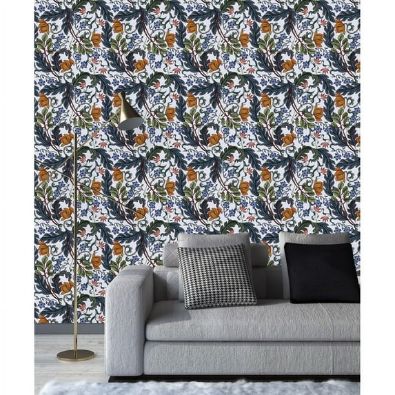 White Wallpaper with Leaves and Flowers Peel-and-Stick - 25"W x 225"H