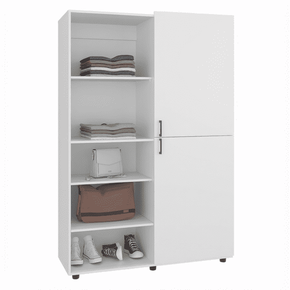 White Wardrobe 72.4" H with 2 Doors, 6 Legs, 5 Shelves and Hanging Rods