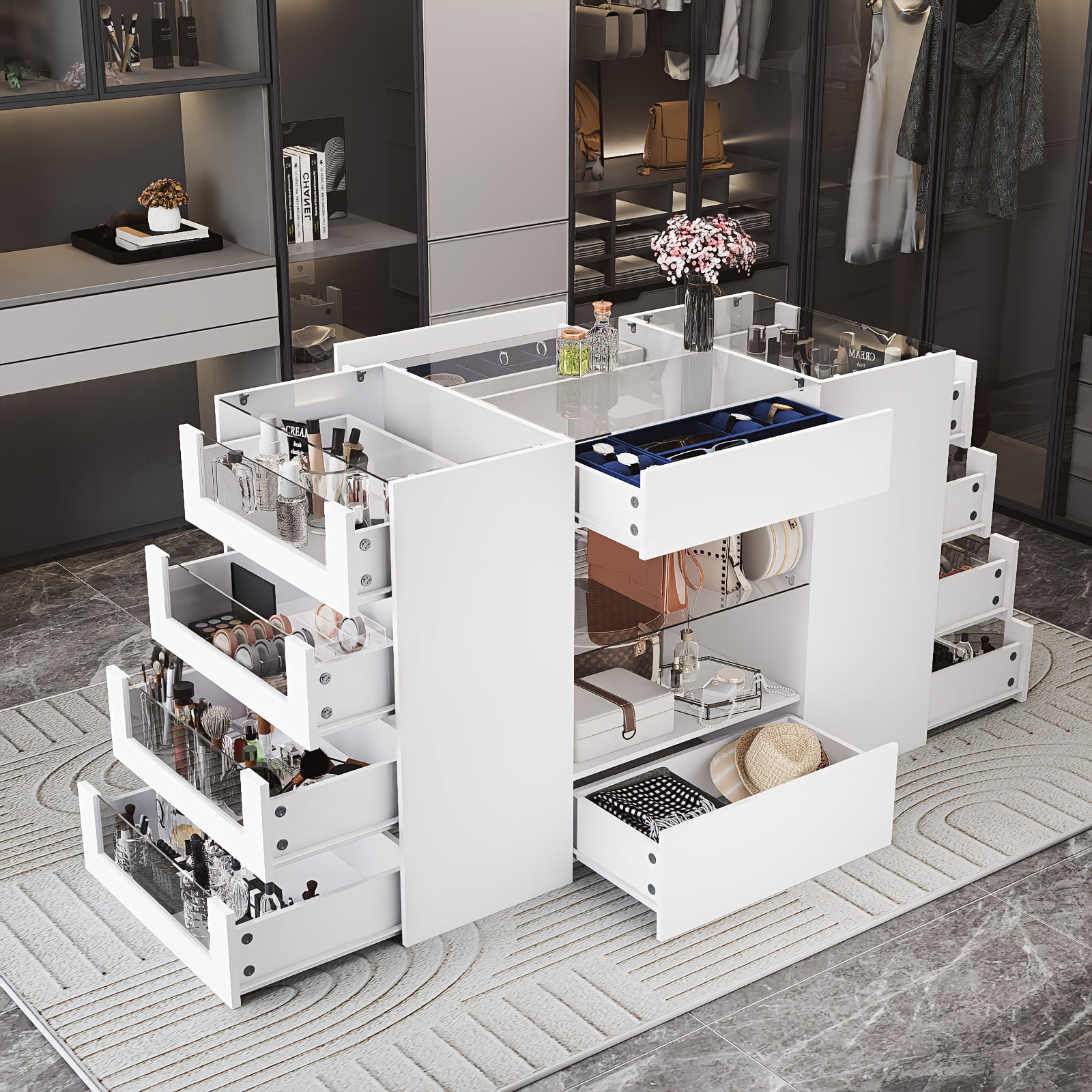 White Wardrobe Closet Island With 8 Drawers & Glass Tabletop, Armoire Bedroom Island, Closet Island With Drawers, Island Dresser With Display Shelf, Dresser For Bedroom