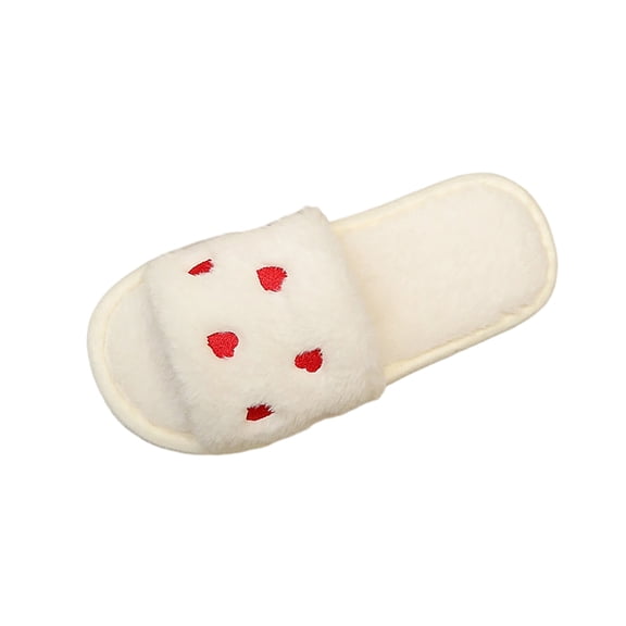 White Warm Fuzzy Open-Toe Slippers For Women With Heart Detail, Soft Fleece Interior, Easy Slip-On For Bright Relaxation