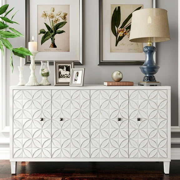 White Wash Accent Storage Cabinet, 4 Door Wooden Sideboard Buffet Server For Living Area, Entranceway, Hallway, Office, Kitchen And Dining Cabinet Sideboard, In Wash. For Room, Entryway, Dining.