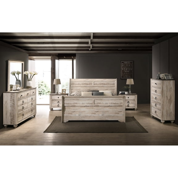 White Wash Bedroom Collection For Queen - Bed, Dresser, Mirror, 2 Nightstands, Chest Modern Ensemble Decor