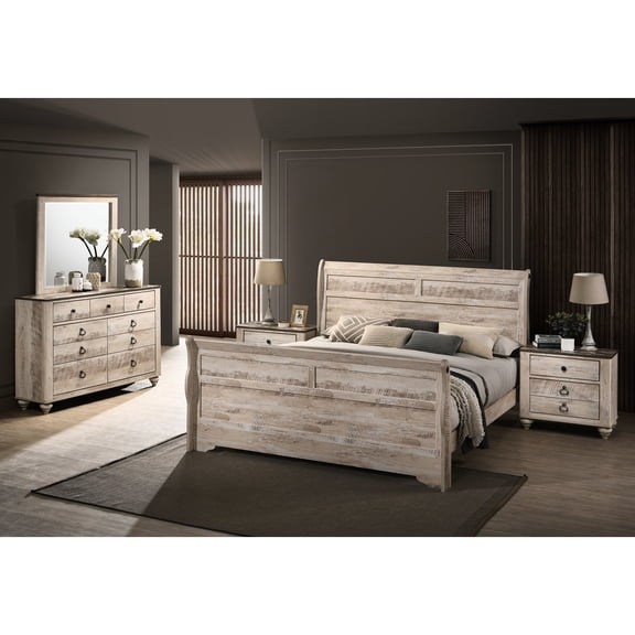 White Wash Bedroom Suite: Queen Bed, Dresser, Mirror, 2 Nightstands - Exquisite Furniture Finish For Queen: Metal Ring Handles