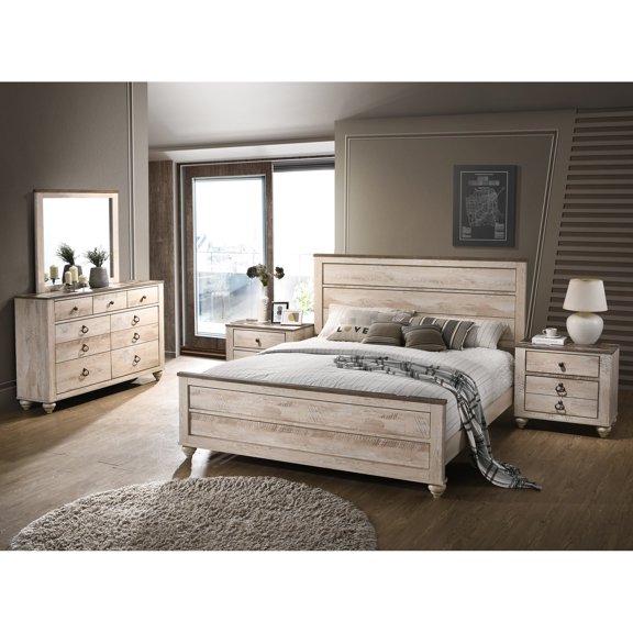 White Wash Finish 5-Piece Bedroom Set with Queen Bed Rustic Urban Chic Style for Bedroom