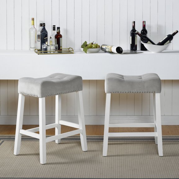 White - Wash Finish Solid Rubberwood Stools / Durable for Long - Term Use