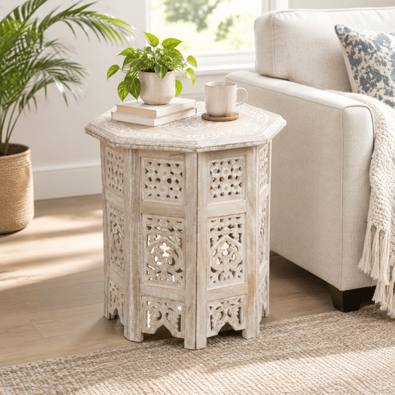 White Wash Octagon 18x18x18 Solid Wood Hand Carved Folding Accent End Table