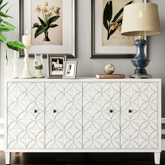 White Wash Storage Cabinet, 4 Door Accent Wooden Sideboard Buffet Server For Living Room, Entry, Passageway, Office, Kitchen And Dining Place Entranceway, Hallway,