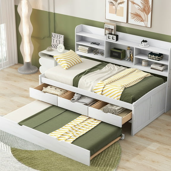 White Wash Twin Size Wooden Captain Bed With Built-in Shelves, 3 Drawers And Trundle In Whitewashed Style Book Shelving, Three Storage