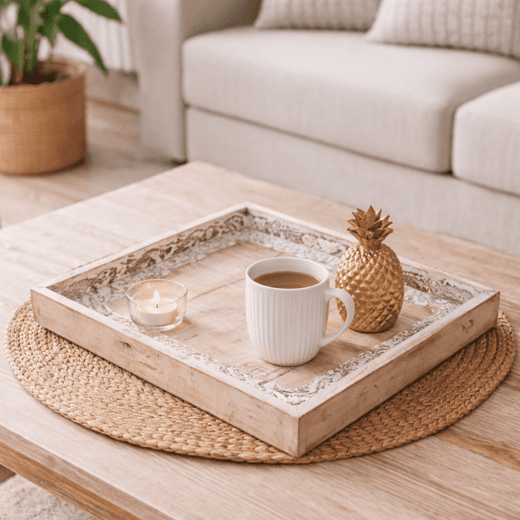 White Wash Wooden Serving Tray, Mango Wood Decorative Tray with Carved Border, Rustic Farmhouse Serving Platter for Coffee Table, Ottoman, Kitchen & Home Dcor