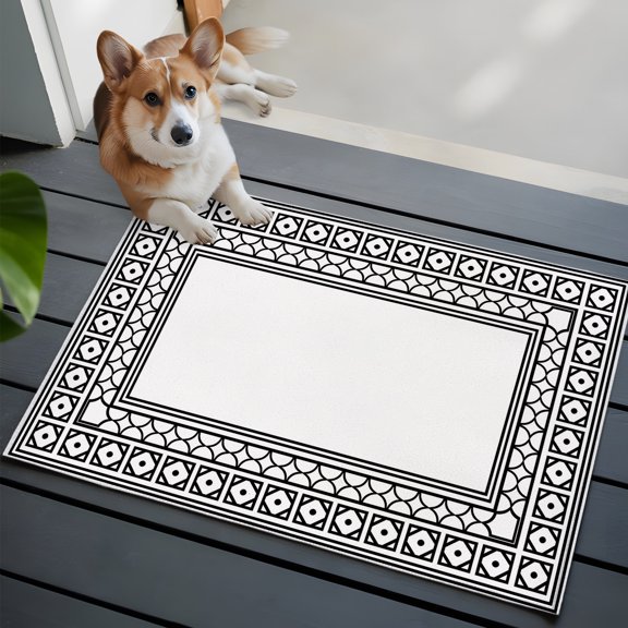 White Washable Entry Rug 2x3 Boho Diamond Pattern Border Rustic Southwestern Low-Profile Area Rugs with Non Slip Backing Indoor Floor Carpet for Entrance Living Room Bedroom Home Office