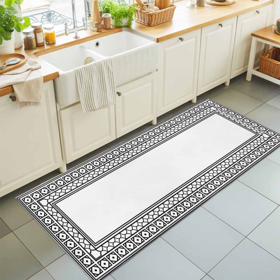 White Washable Runner Rugs 2'x6', Boho Diamond Pattern Border Rustic Southwestern Washable Runner Rug Non-Slip Sturdy Edge Binding Carpet for Bedside Hallway Runner Kitchen Galley