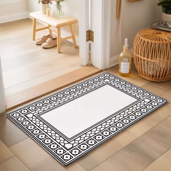 White Washable Small Entryway Area Rugs 2'x3', Boho Diamond Pattern Border Rustic Southwestern Washable Throw Rug Non-Slip Sturdy Edge Binding Carpet for Front Door Floor Room Entry
