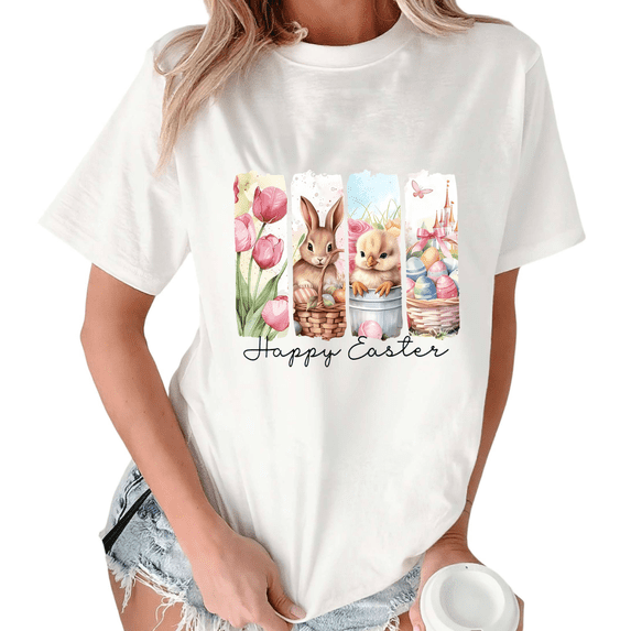 White Washed Easter Bunny Chick Tulips Eggs Print Tshirt Graphic Tees Shirts Easter Lover Kawaii S-5XL Tops