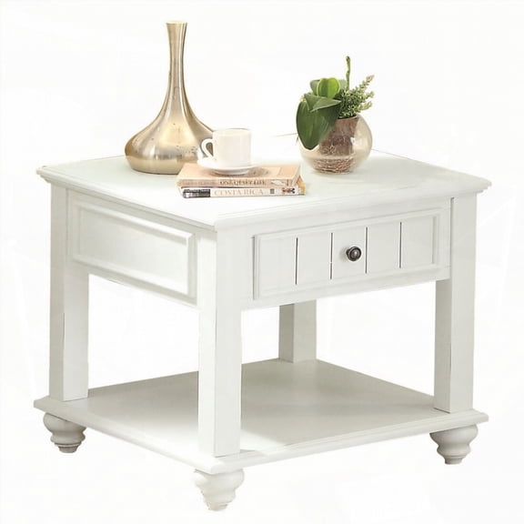 White Washed End Table Boasting Elegant Trim Molding and Versatile Storage