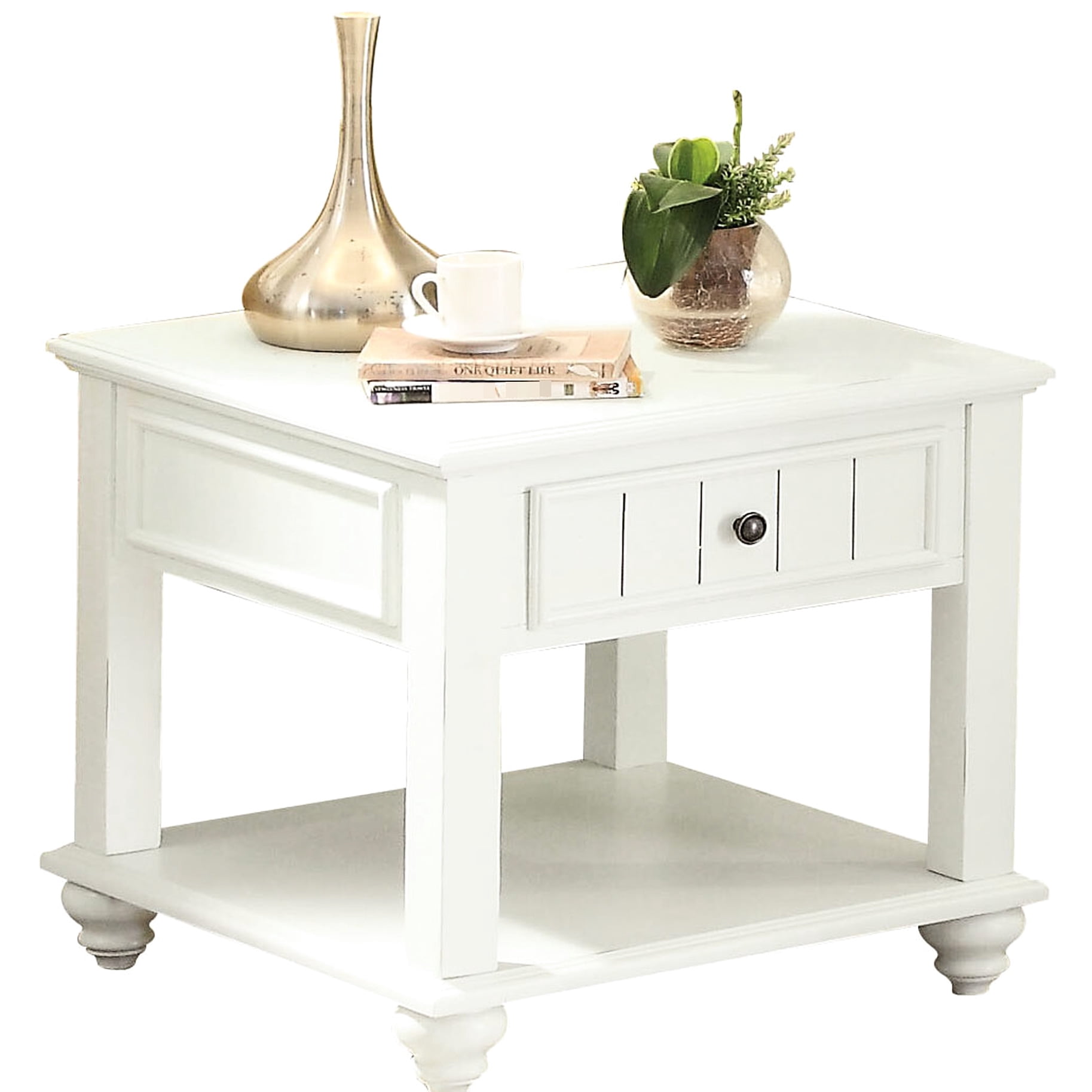 White Washed End Table For Home - Drawer And Bottom Shelf Storage ...