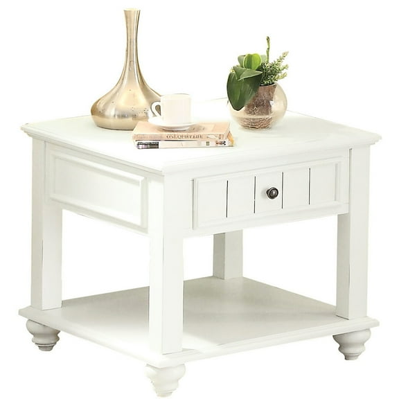White Washed End Table For Living Area - Versatile Shelf And Drawer Whitewashed Rectangular Elegant Style