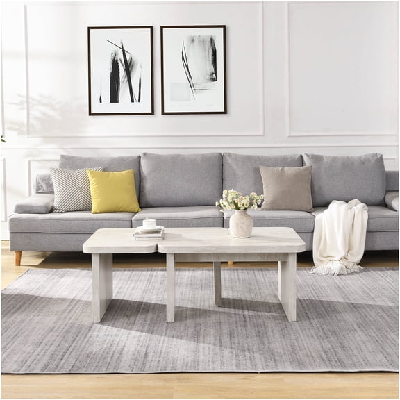 White Washed Farmhouse L-Shaped Coffee Table, Detachable Modern Design for Living Room, Dining Area
