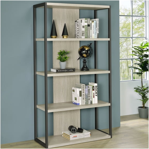 White Washed Grey 4 Shelf Bookcase, Modern Farmhouse Freestanding Shelving Unit for Living Room, Bedroom, Office