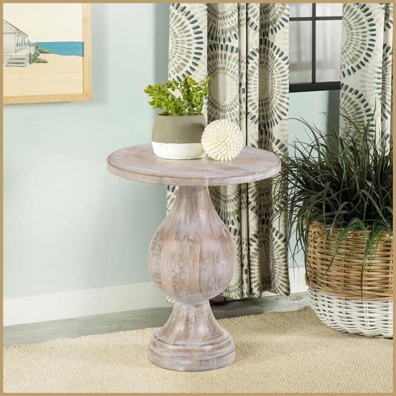 White Washed Mango Wood Coffee Table with Elegant Pedestal Design, Timeless Round Top for Living Room