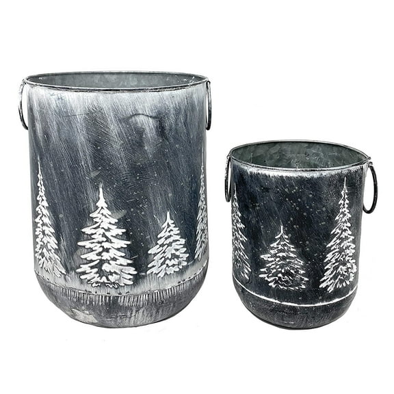 White Washed Metal Tree Container 9.5" x 7.25"