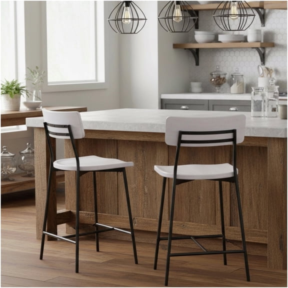 White Washed Modern Counter Stool with Back & Footrest, Wood and Metal Swivel Bar Stool for Kitchen Island