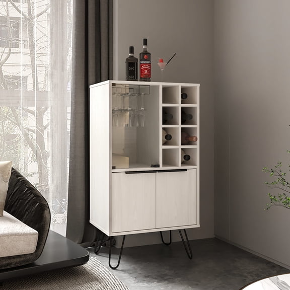 White Washed Oak Bar Cabinet, 15.7" Deep | Showcase Accessories in Glass Panel | Sustainable and Safe Construction