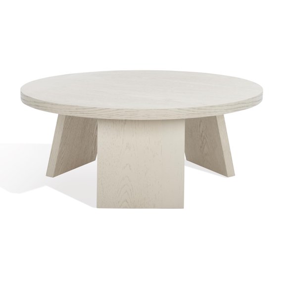 White Washed Oak Round Coffee Table Mid-Century Modern Block Base