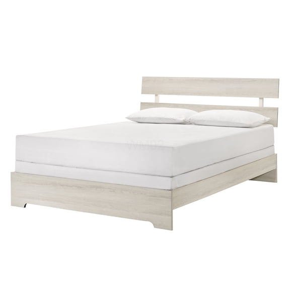 White Washed Queen Platform Bed Frame with Slat Headboard, Low Profile Wood Bed Foundation, No Box Spring Needed