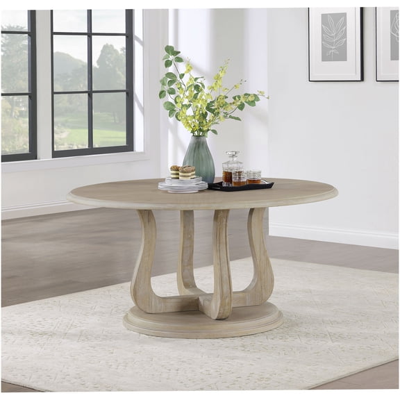 White Washed Round Dining Table with Pedestal Base, Farmhouse Style Kitchen Table for 6, Distressed Wood Finish