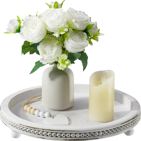 White Washed Round Wooden Tray, Beaded Tray for Coffee Table Decor, Decorative Tray for Coffee Table, Dining Room Table Entryway and Living Room Table, Weathered White