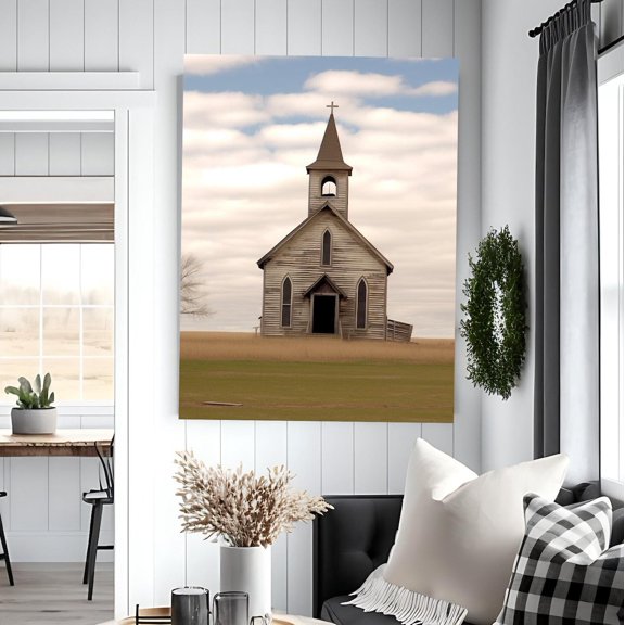 White Washed Rural Church Farmhouse Gallery Wall Art Poster, Unframed Size 8x12