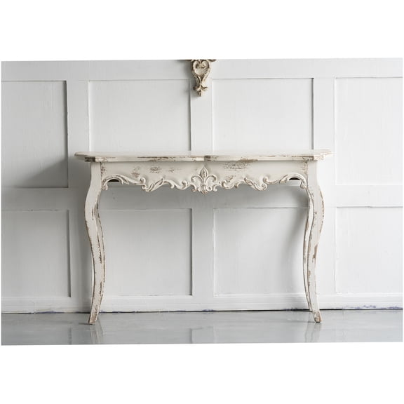White Washed Slim Console Table with Scallop Edge, Vintage Style Sofa Table for Entryway Living Room Bedroom