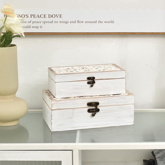 Whitewashed Wooden Storage Box Set of 2, Hand Carved Decorative Boxes with Lids and Metal Latch, Solid Pine Farmhouse Jewelry Keepsake Organizer