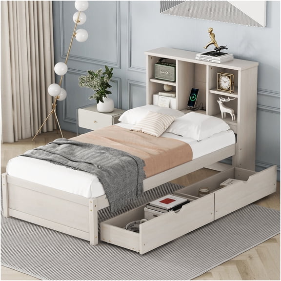 White Washed Twin Bed Frame with USB Charging, Bookcase Headboard and 2 Storage Drawers, No Box Spring Needed