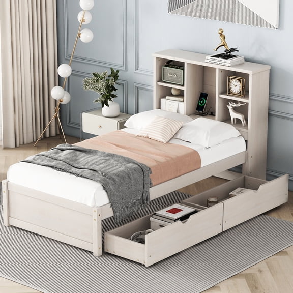 White Washed Twin Bed With Charging And Extra Storage Drawers Size Frame 2 Neat Drawers, Whitewashed