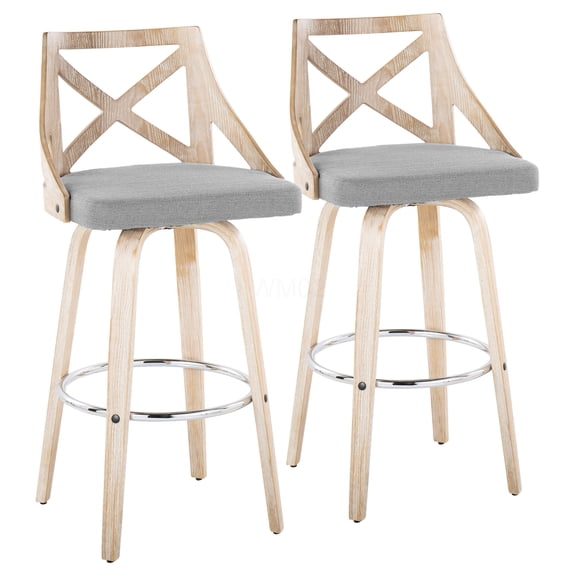 White Washed Wood Bar Stools Set of 2 with Swivel Seats and Chrome Footrest, Light Grey Fabric Upholstered Counter Height Stools for Kitchen Island