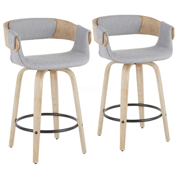 White Washed Wood Counter Stools with Grey Fabric Upholstery, Set of 2 Swivel Bar Stools for Kitchen Island