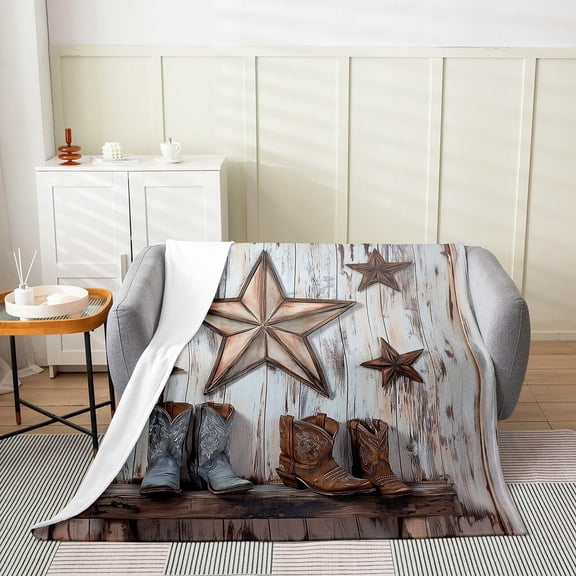 White Washed Wooden Plank Cowboy Boots Star Print Throw Blanket Western Rustic Farmhouse Pattern Soft Flannel Decorative Blanket For Sofa Bedroom