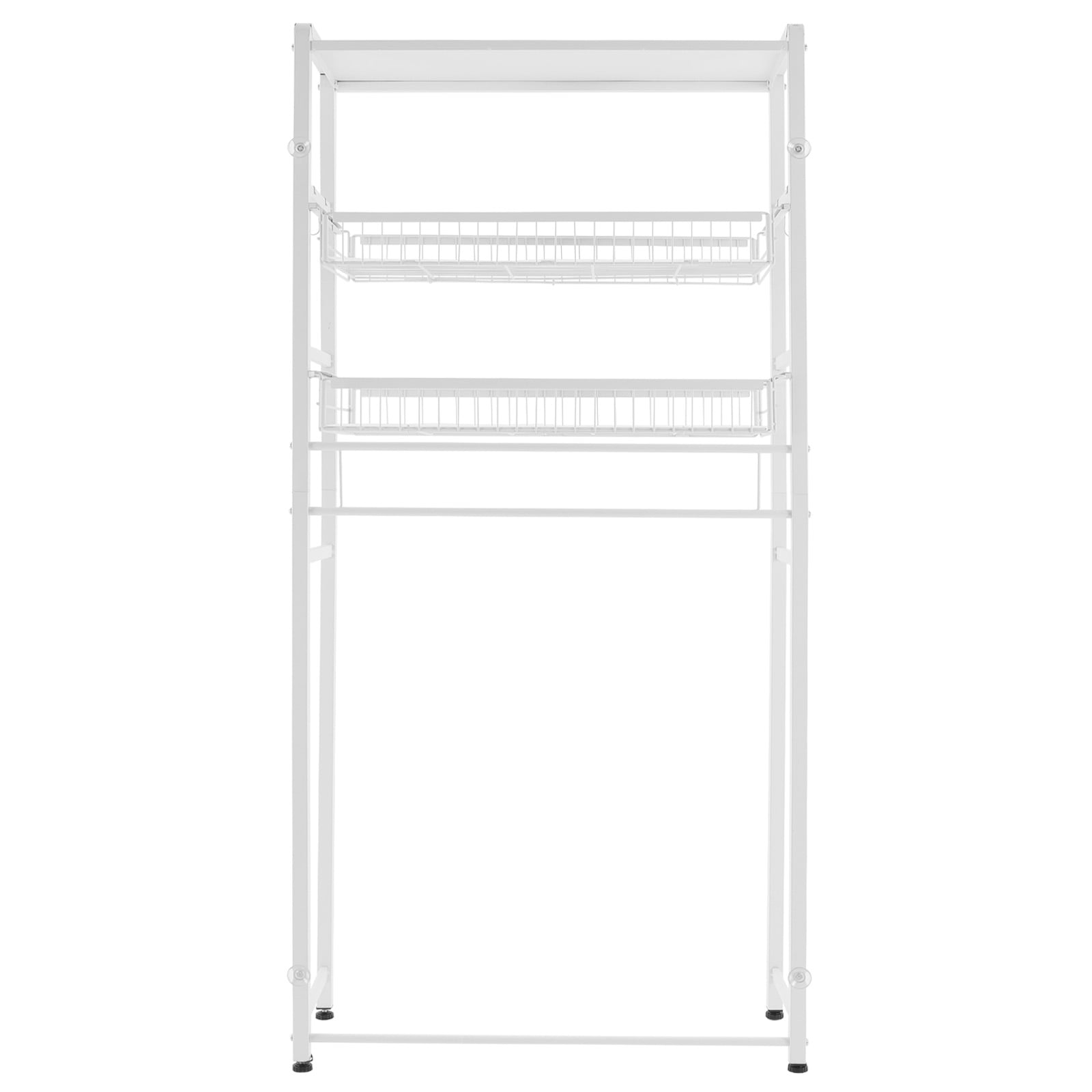 White Washer Dryer Stacking Rack Stand, Dryer Storage Shelf with 3 Tiered Shelf, Space Saver Shelving Units Freestanding Closet Organizer Storage with Hooks