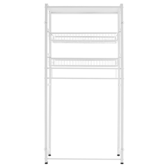 White Washer Dryer Stacking Rack Stand, Dryer Storage Shelf with 3 Tiered Shelf, Space Saver Shelving Units Freestanding Closet Organizer Storage with Hooks