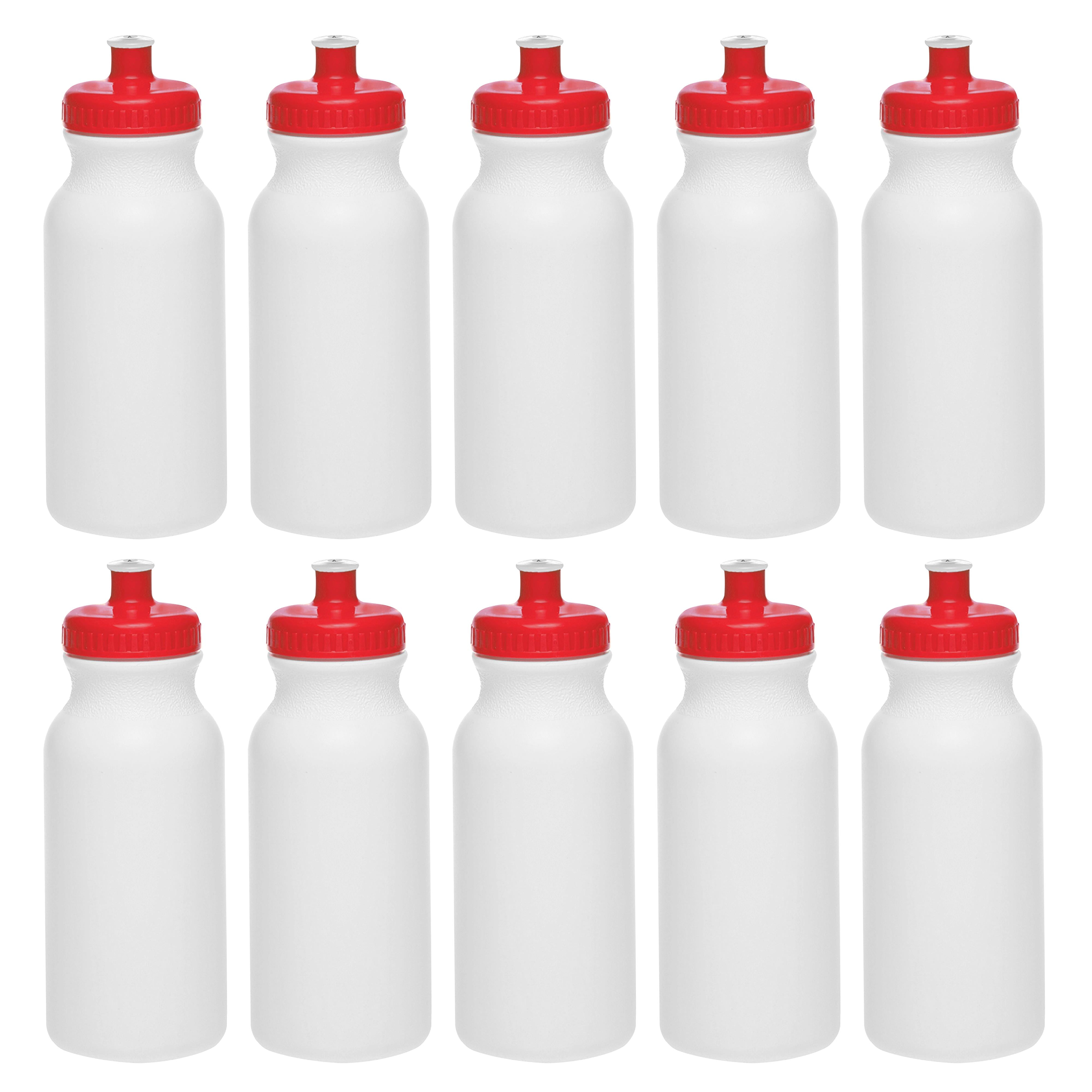 White Water Bottles with Push Cap, 10 pack, 20 oz, Reusable BPA FREE Squeezable Bottles in Bulk, White Red