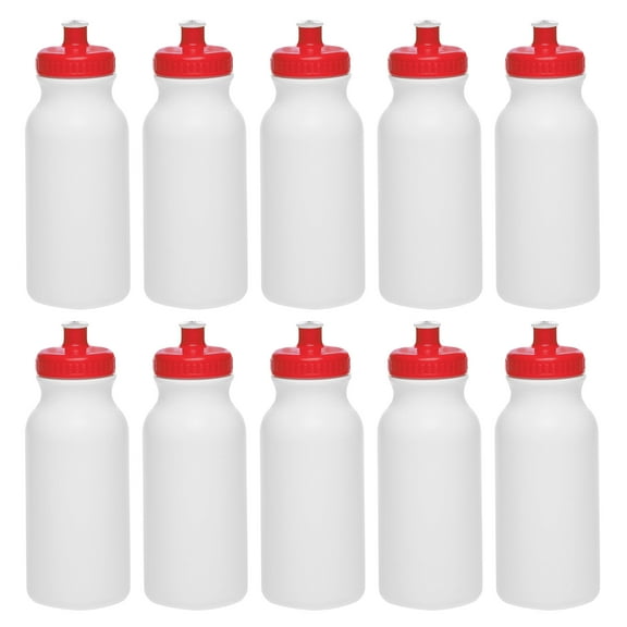 White Water Bottles with Push Cap, 10 pack, 20 oz, Reusable BPA FREE Squeezable Bottles in Bulk, White Red