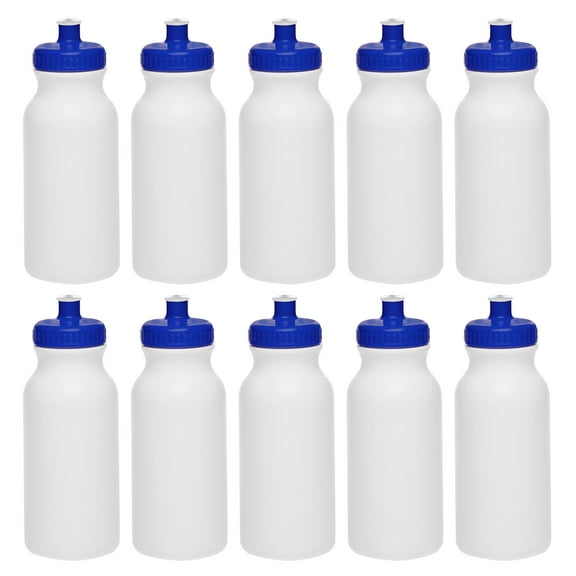 White Water Bottles with Push Cap 20 oz. Set of 10, Bulk Pack - Reusable, Squeezable Bottles - White Blue