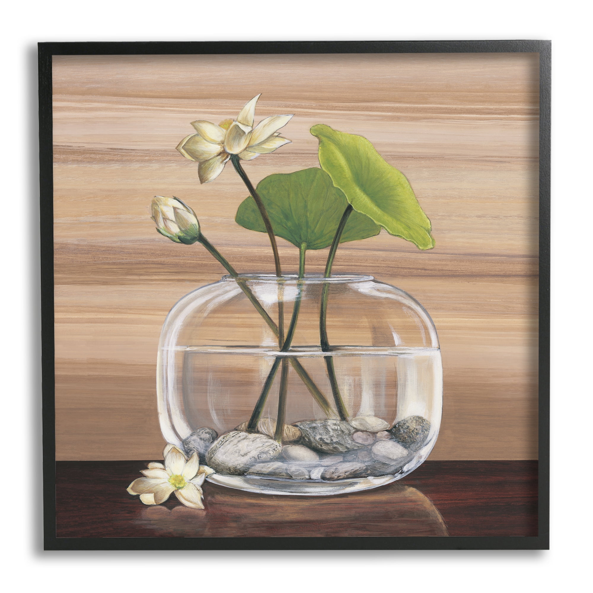 White Water Lilies and Lilypad In Vase Still-Life Botanical & Floral Framed Art Print Wall Art, 17x17