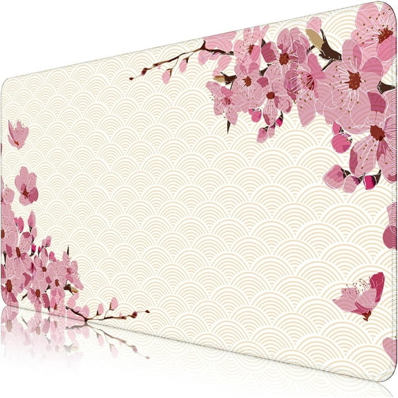 White Watercolor Design Desk Mat Cherry Blossom Desk Pad,Gaming Mouse Pad with Seamed Edges,Waterproof Large Mouse Pad,Non-Slip Rubber Base Big Gaming Mousepad,31.5x11.8 in Computer Mat Keyboard Pad