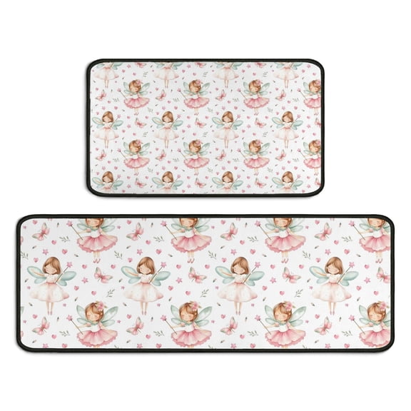 White Watercolor Fairy Princess Pattern Kitchen Rugs Sets Of 2,Anti Fatigue Kitchen Mat Rugs Non Slip Washable,Decorative Kitchen Floor Mats for Kitchen,Sink,Laundry,17"X30"+17"X47"