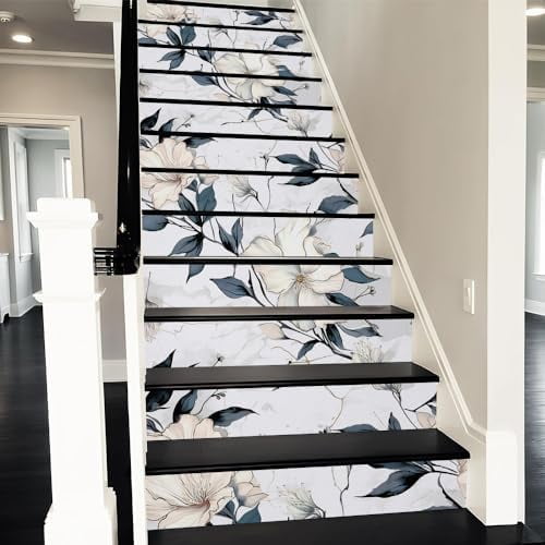 White Watercolor Flower Leaf Peel and Stick Vinyl Stair Riser Decals Staircase Tile Stair Stickers Abstract Art Modern Decoration Self-Adhesive Home Decor Stair Decals (14 Pcs)$$Tools