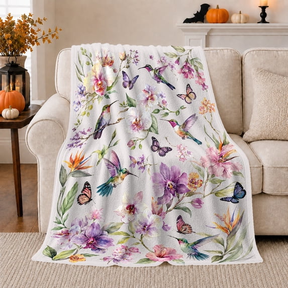 White Watercolor Orchid Garden With Pink, Watercolor Botanical Style for Botanical Art Enthusiasts, Housewarming Gift with Cozy Flannel Blanket, Home Decor for Bedroom And Living Room And Sunroom
