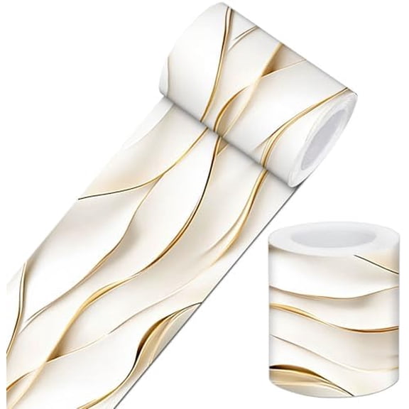 White Wave Gold Line Peel and Stick Wallpaper Border 4 x 196 Inch Self Adhesive Removable Wall Trim Vinyl Border for Bathroom Kitchen Bedroom Easy Install Decorative Wall Edge Accent